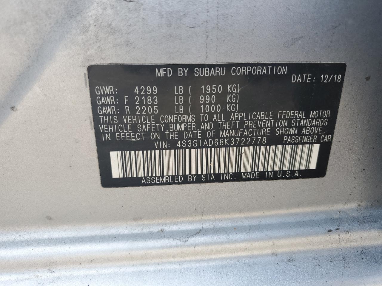 2019 Subaru Impreza Premium VIN: 4S3GTAD68K3722778 Lot: 66097214