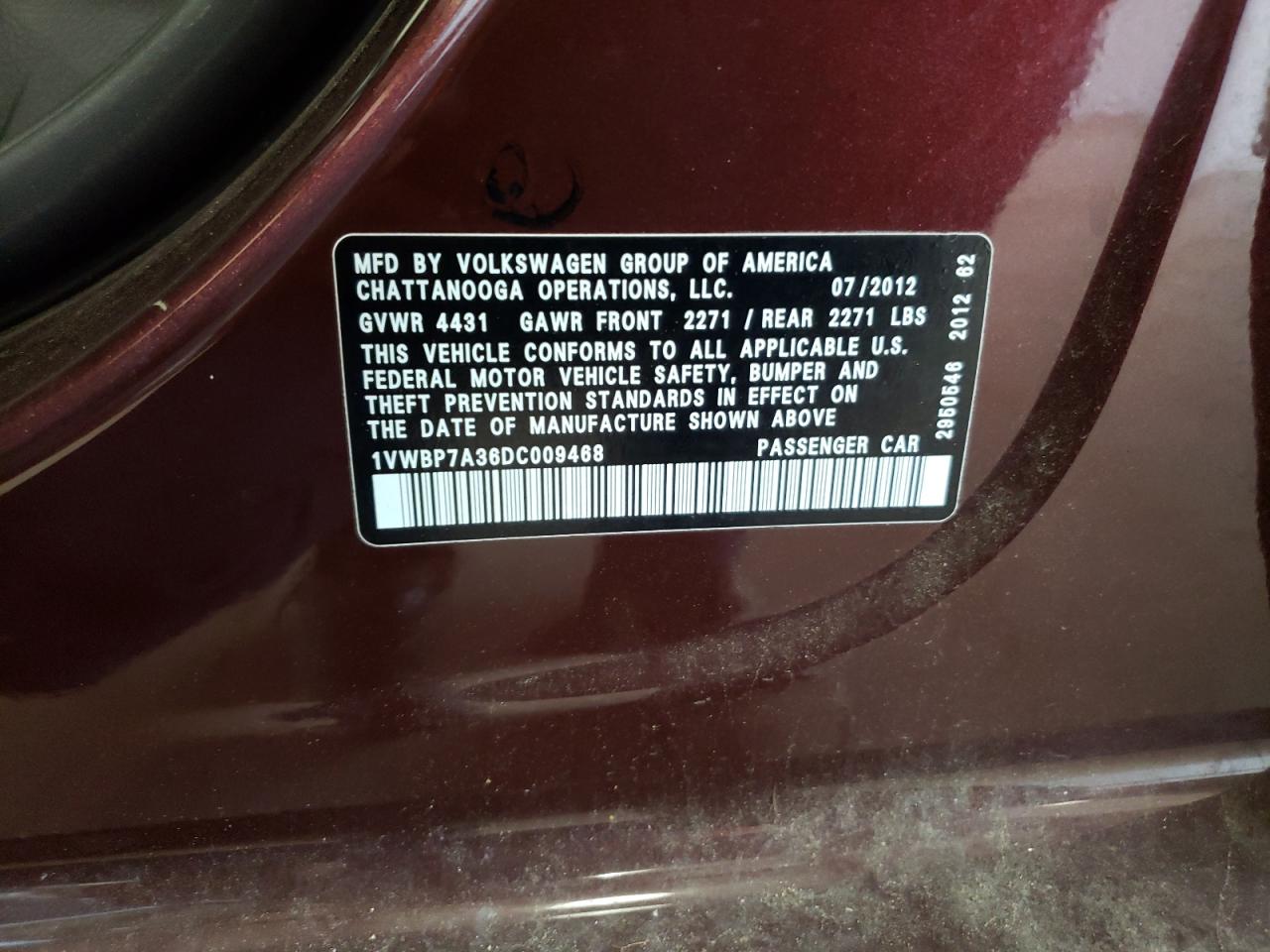 2013 Volkswagen Passat Se VIN: 1VWBP7A36DC009468 Lot: 65728714