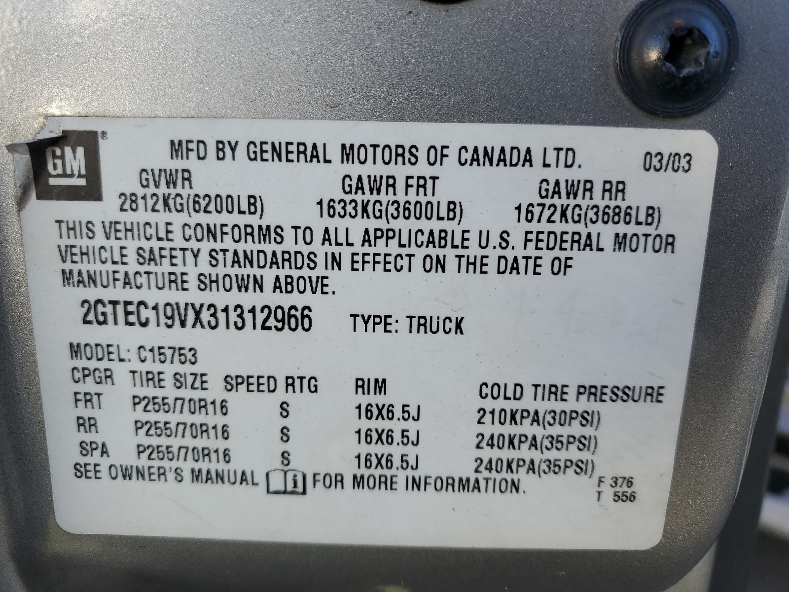 2GTEC19VX31312966 2003 GMC New Sierra C1500