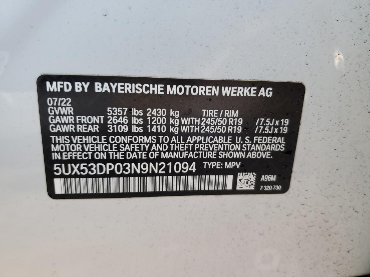 2022 BMW X3 xDrive30I VIN: 5UX53DP03N9N21094 Lot: 65369304