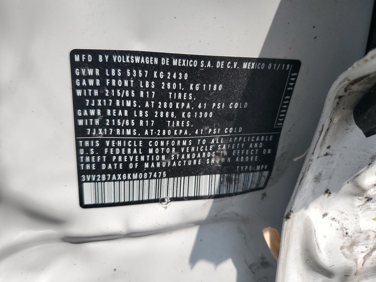 3VV2B7AX6KM087475 2019 Volkswagen Tiguan Se