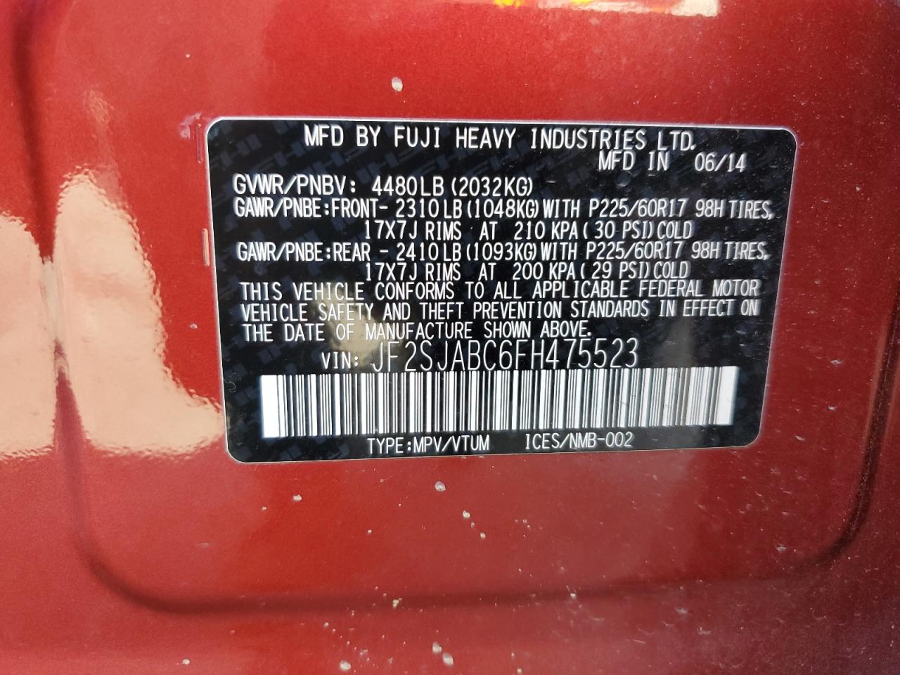 2015 Subaru Forester 2.5I VIN: JF2SJABC6FH475523 Lot: 65551854