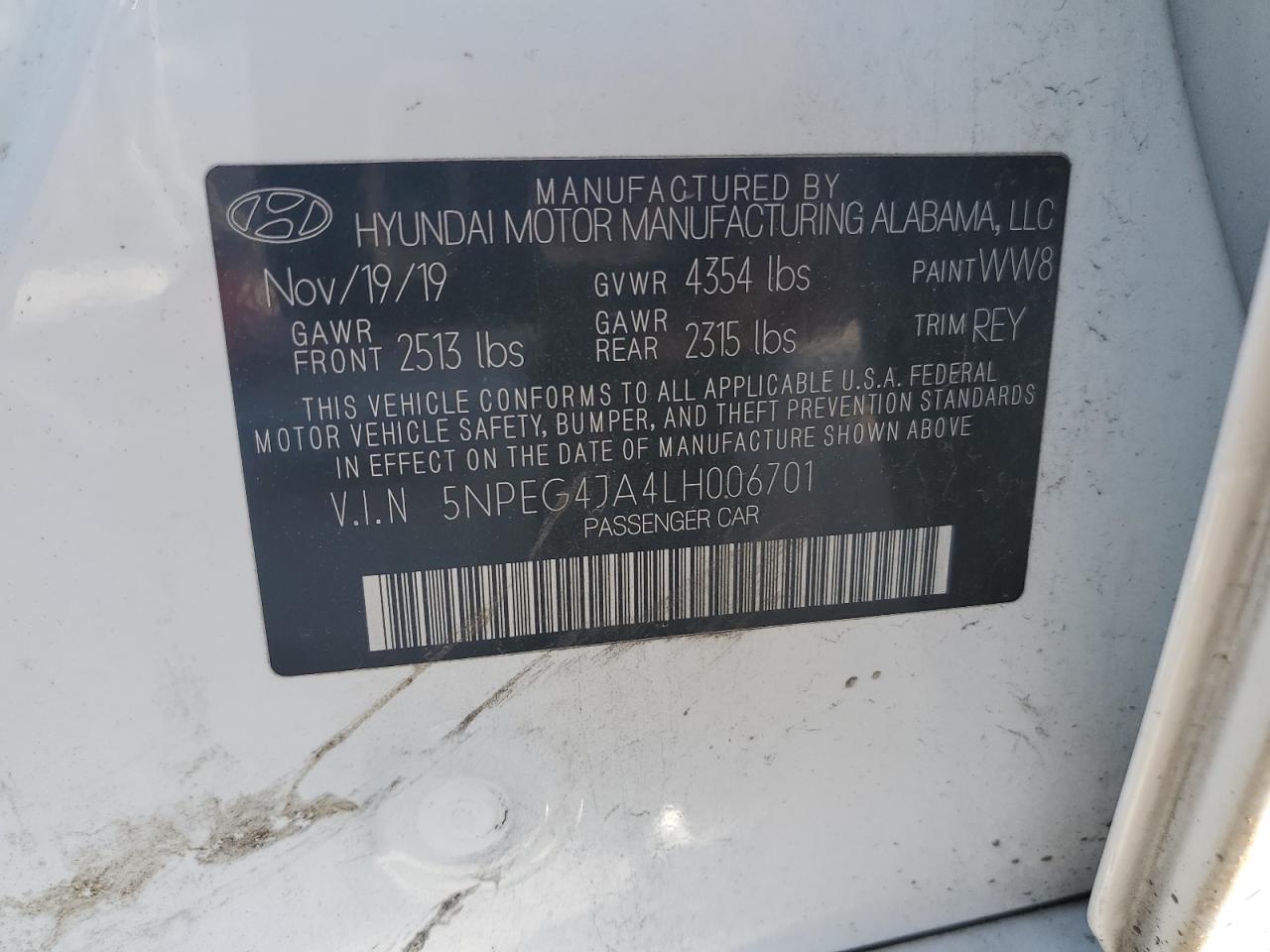 2020 Hyundai Sonata Se VIN: 5NPEG4JA4LH006701 Lot: 69056394