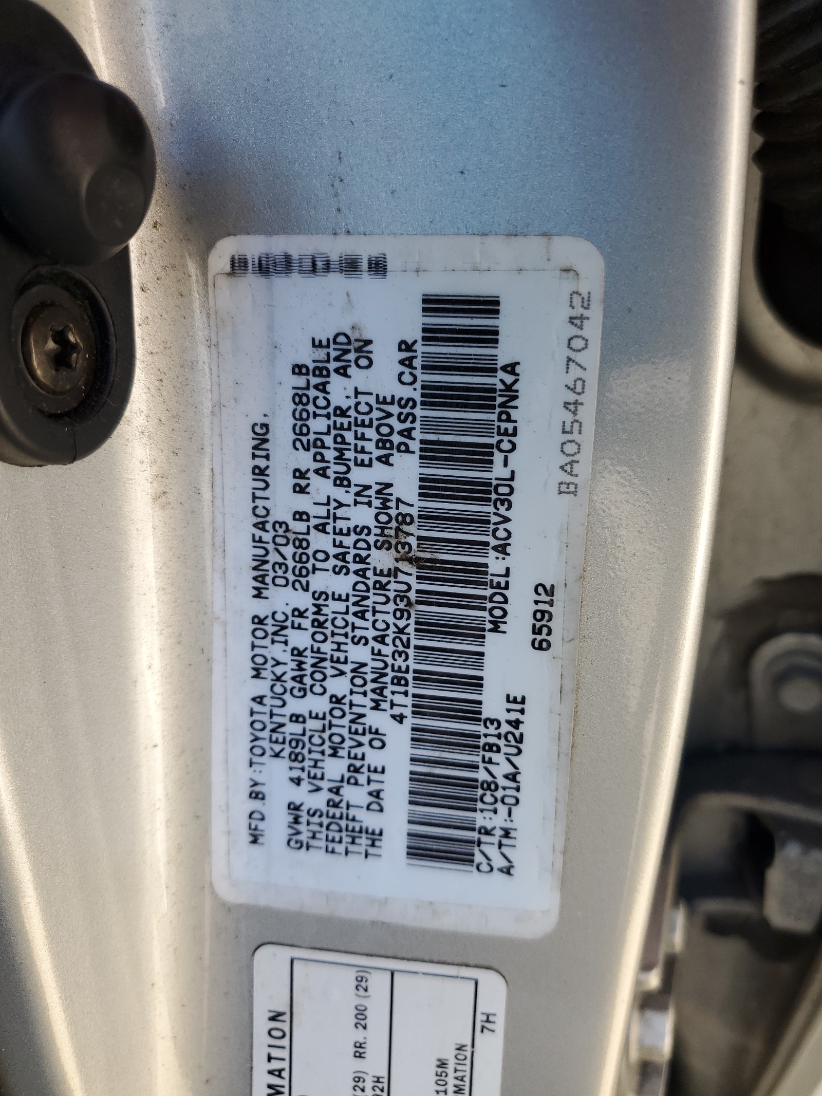 4T1BE32K93U713787 2003 Toyota Camry Le