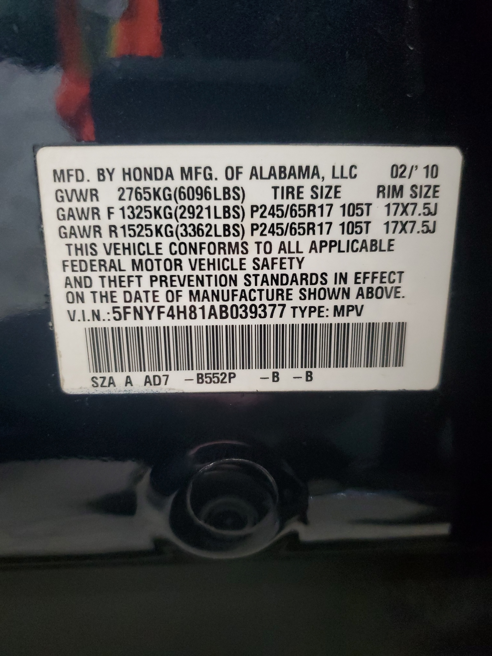 5FNYF4H81AB039377 2010 Honda Pilot Touring