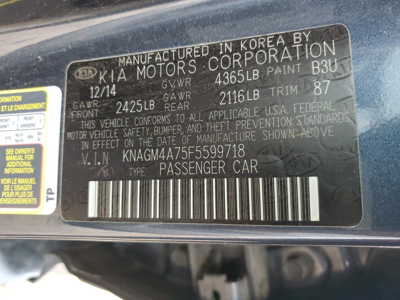 KNAGM4A75F5599718 2015 Kia Optima Lx