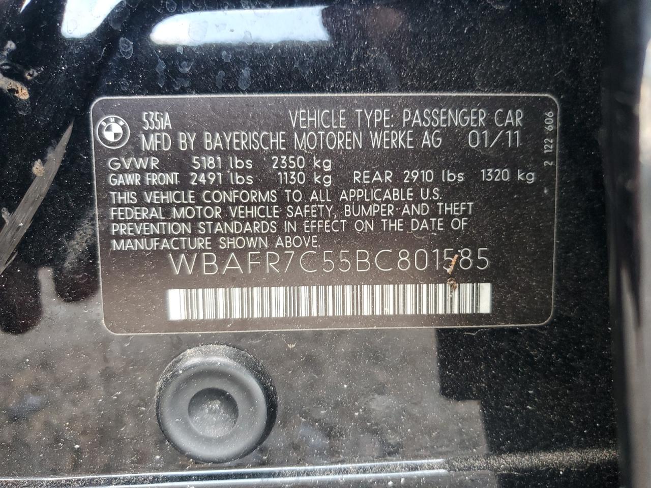 2011 BMW 535 I VIN: WBAFR7C55BC801585 Lot: 67487264