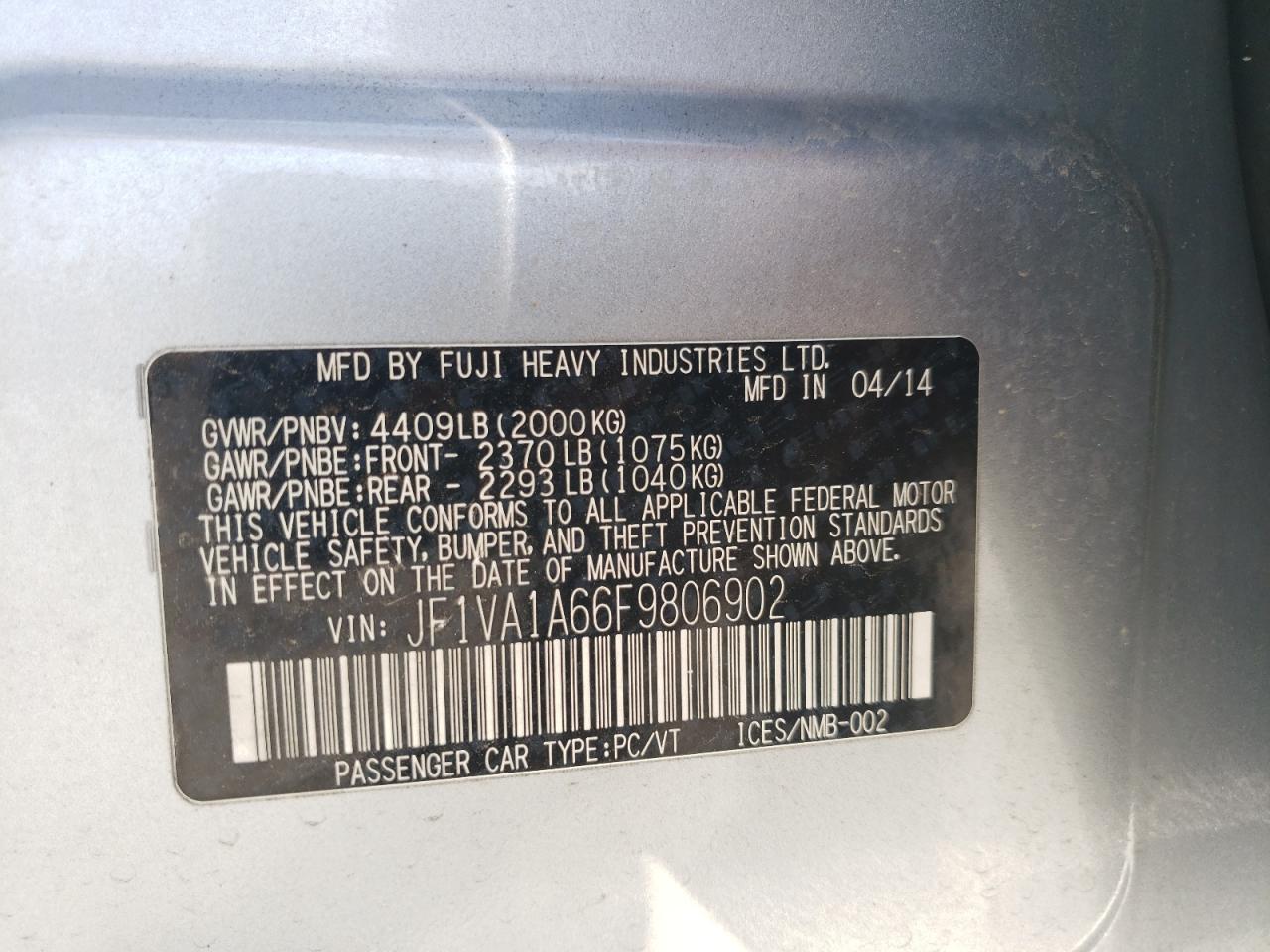 2015 Subaru Wrx VIN: JF1VA1A66F9806902 Lot: 68614454