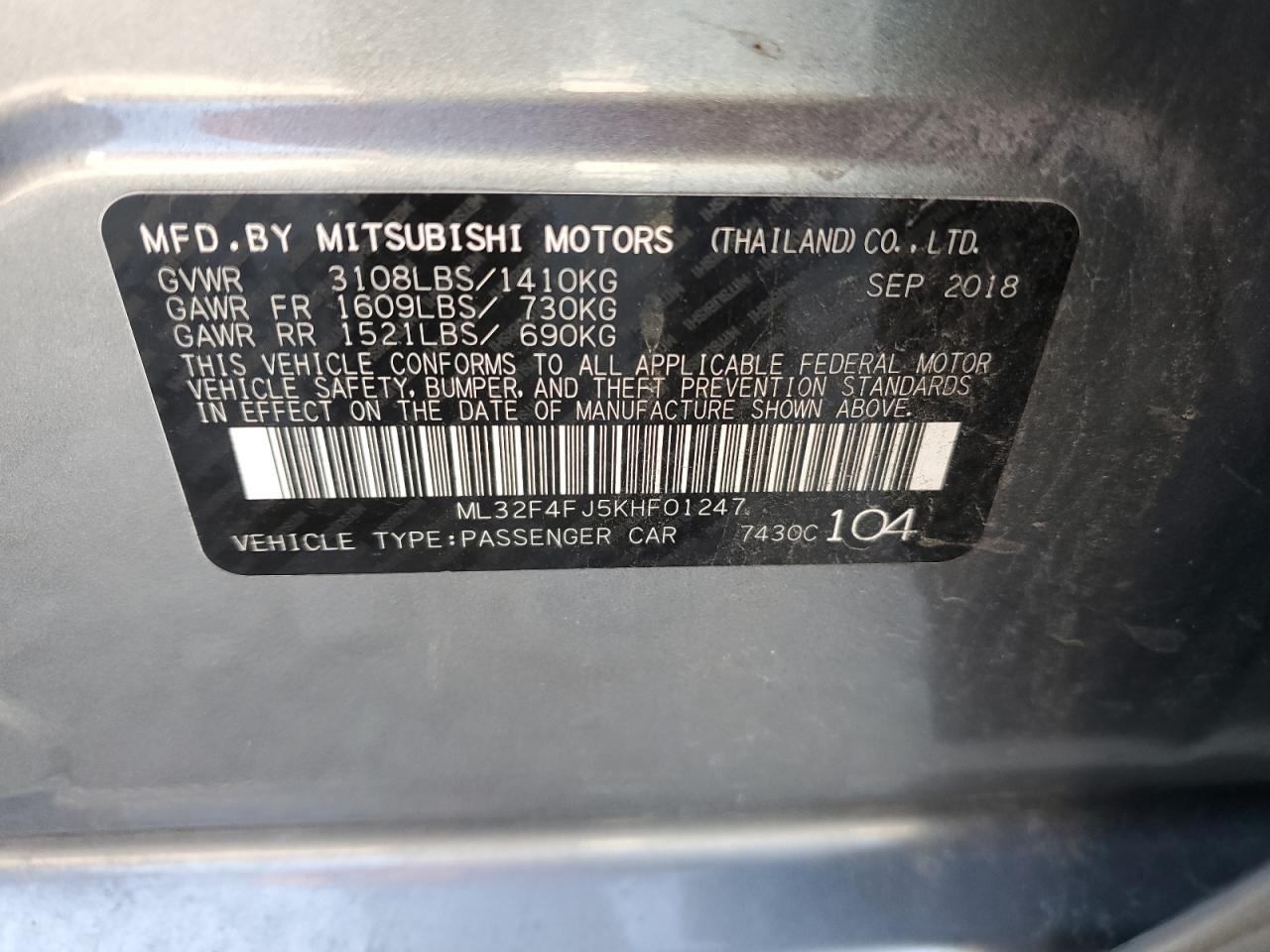 2019 Mitsubishi Mirage G4 Se VIN: ML32F4FJ5KHF01247 Lot: 67007514