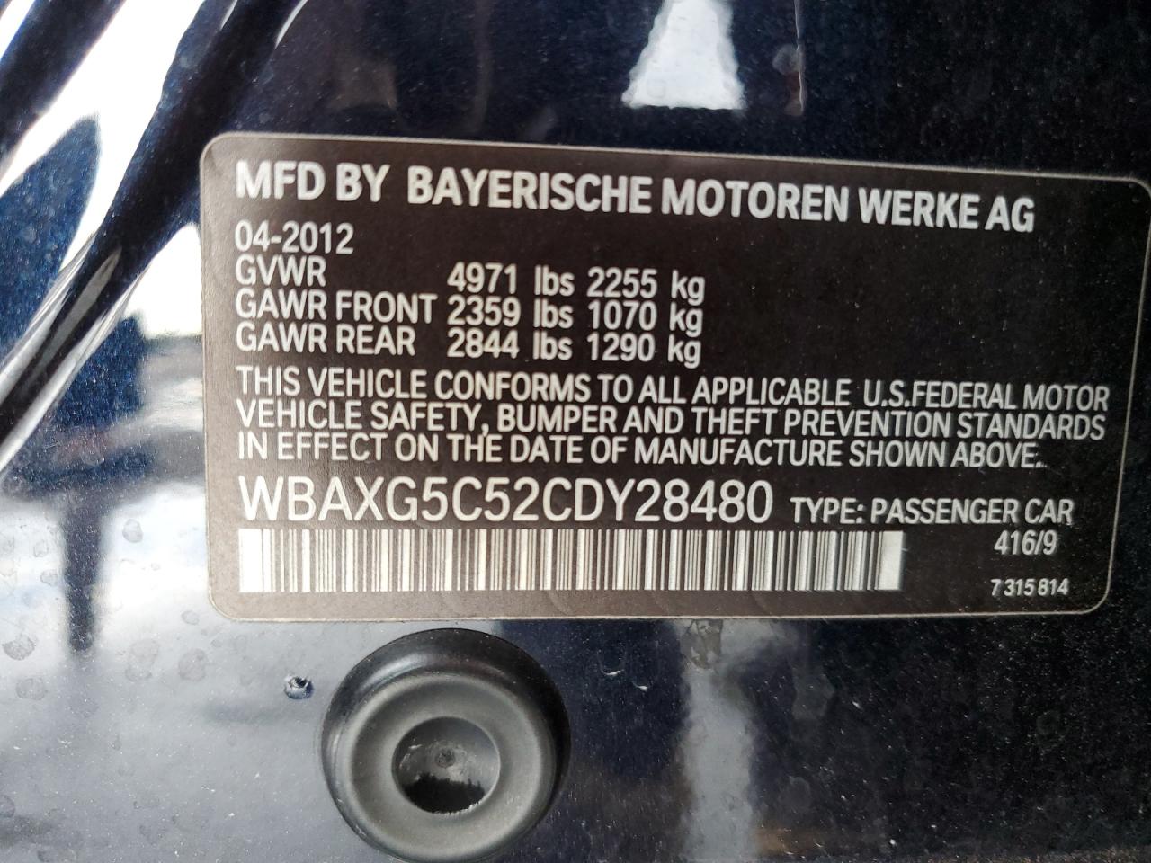 2012 BMW 528 I VIN: WBAXG5C52CDY28480 Lot: 68507624