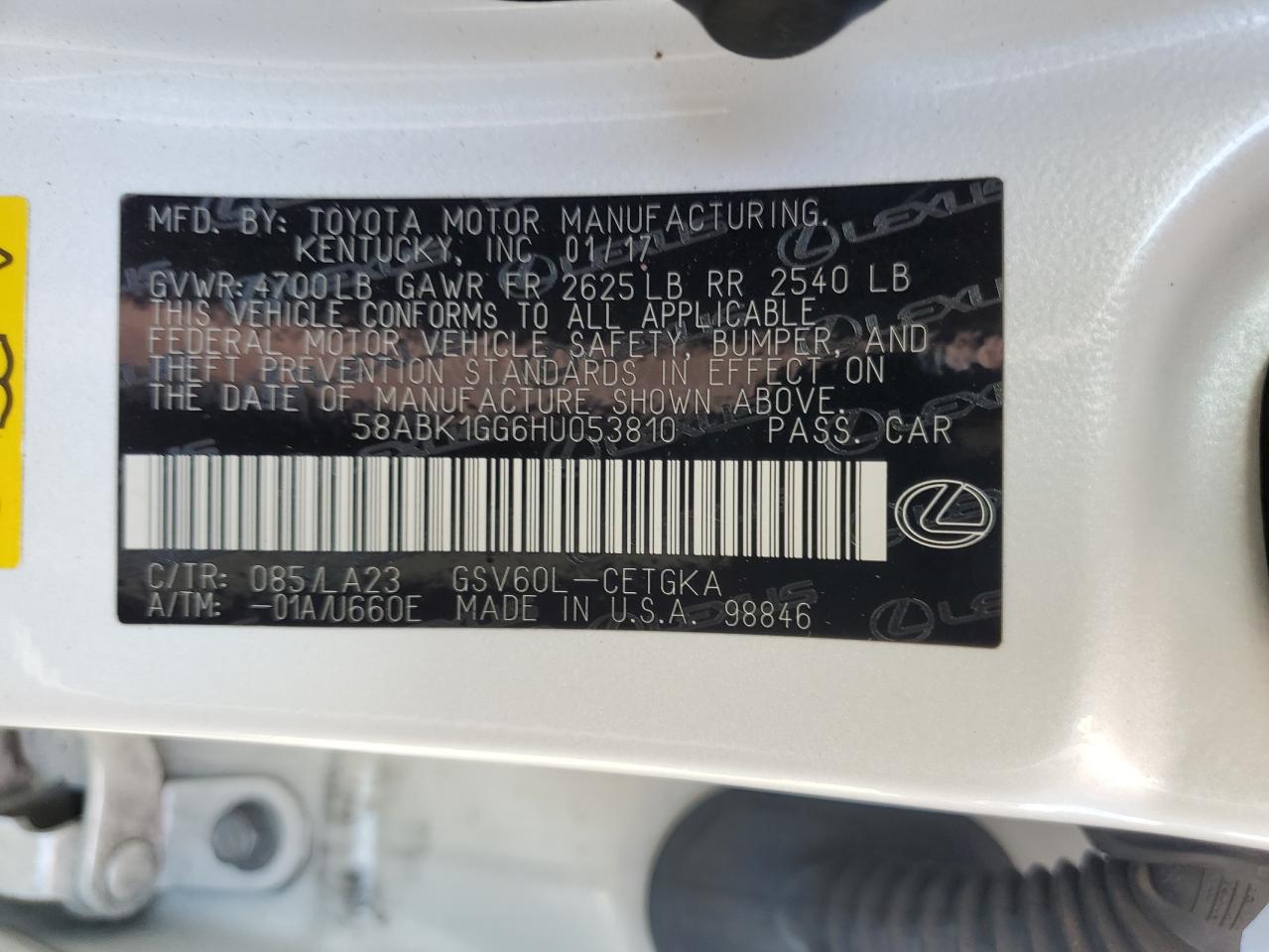 2017 Lexus Es 350 VIN: 58ABK1GG6HU053810 Lot: 67274254