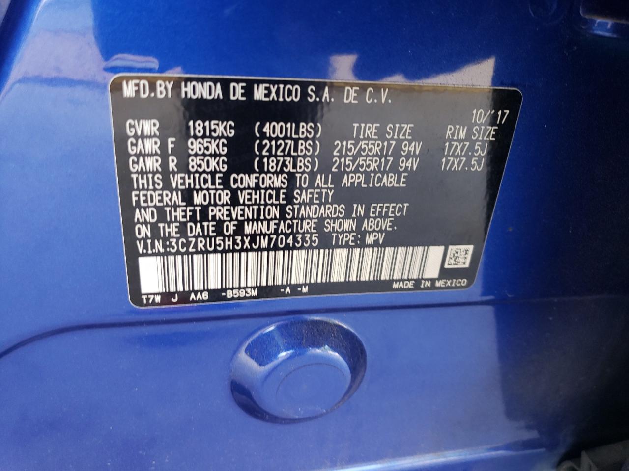 2018 Honda Hr-V Lx VIN: 3CZRU5H3XJM704335 Lot: 65028124