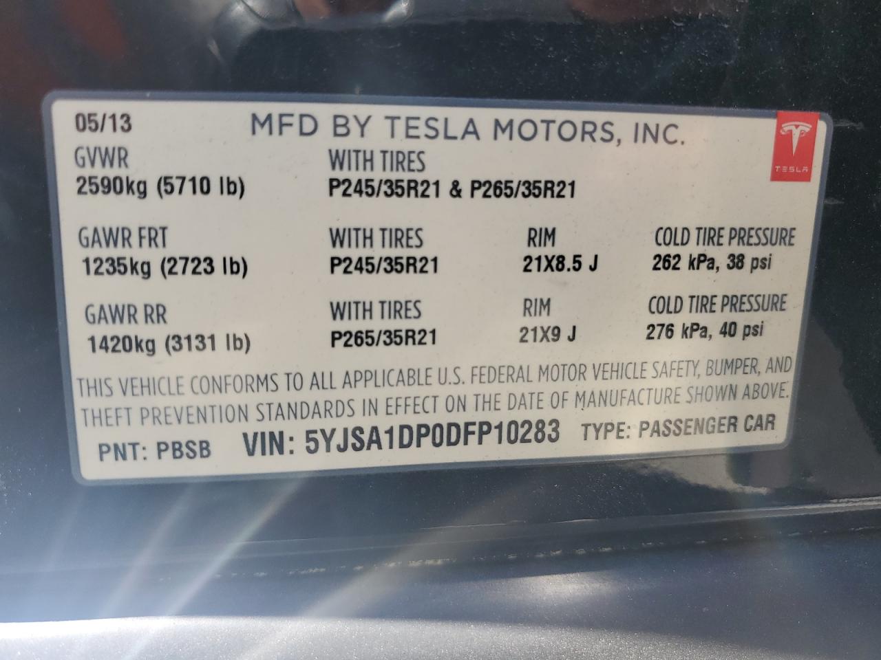 2013 Tesla Model S VIN: 5YJSA1DP0DFP10283 Lot: 66748564