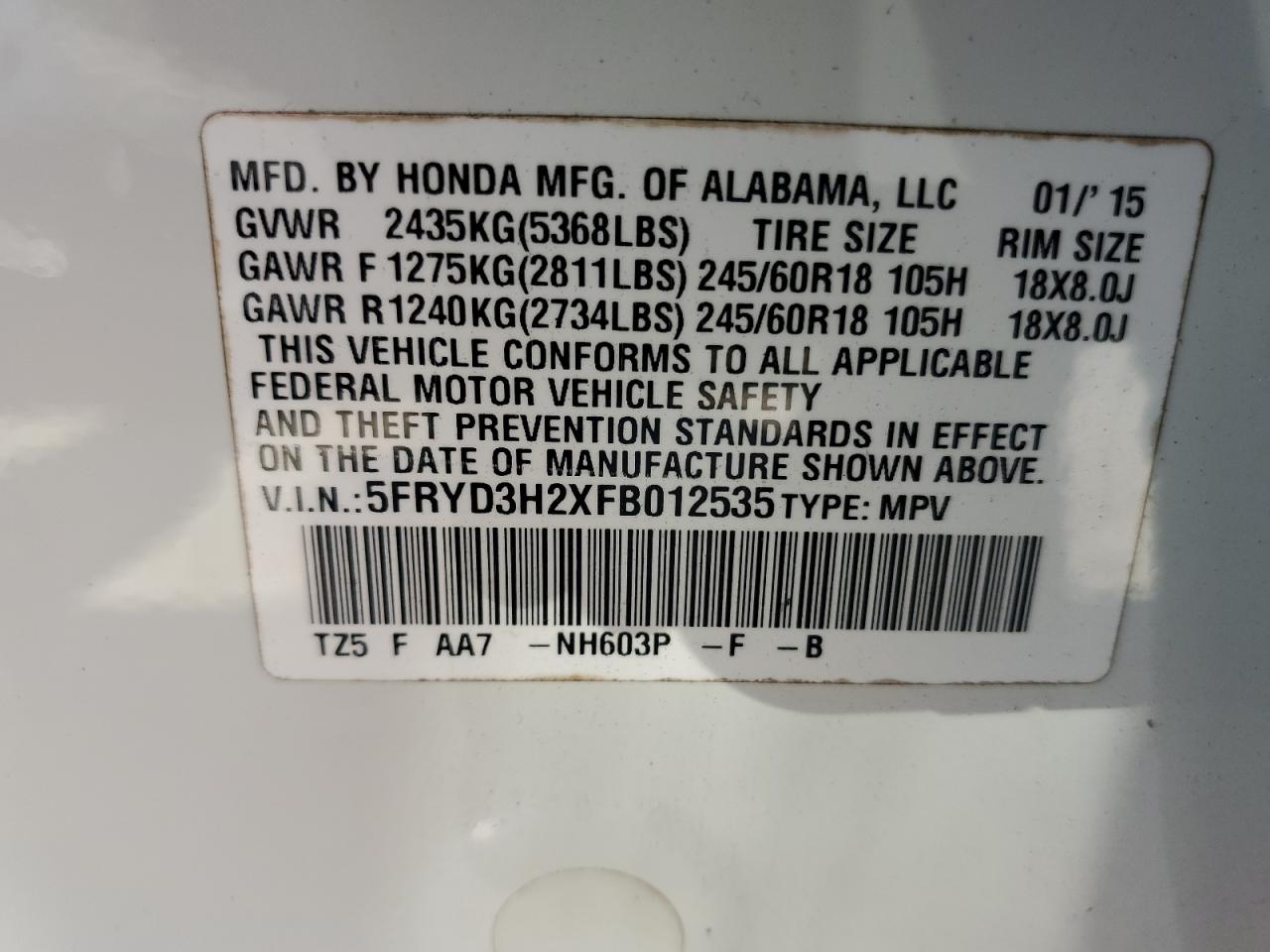 5FRYD3H2XFB012535 2015 Acura Mdx