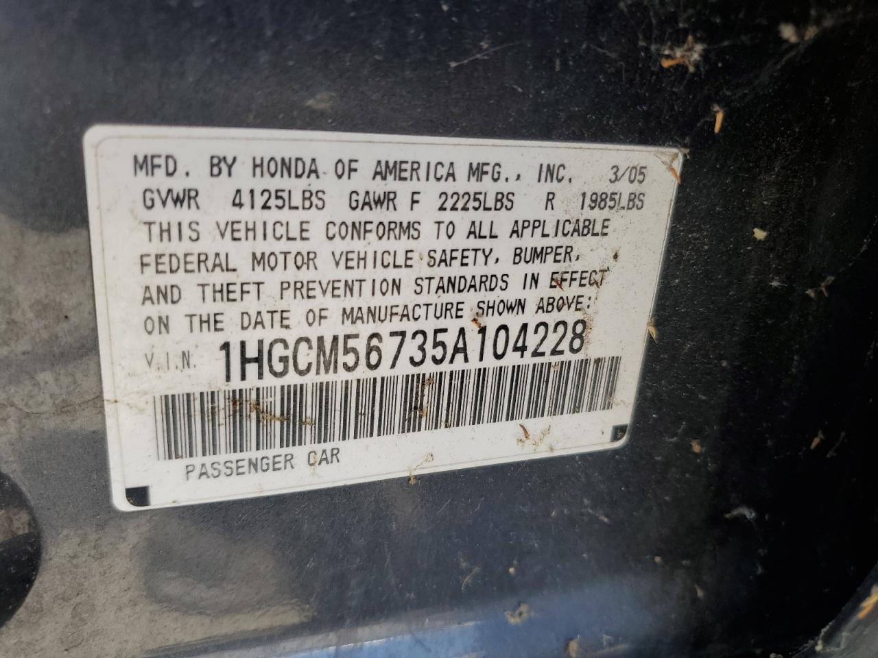 2005 Honda Accord Ex VIN: 1HGCM56735A104228 Lot: 66627474