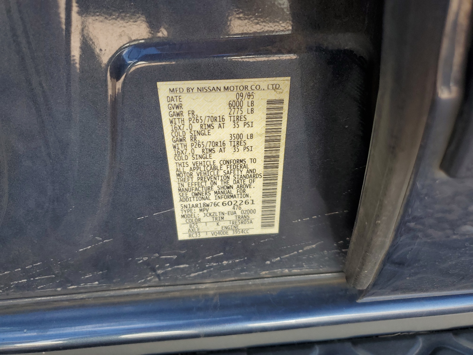 5N1AR18W76C602261 2006 Nissan Pathfinder Le