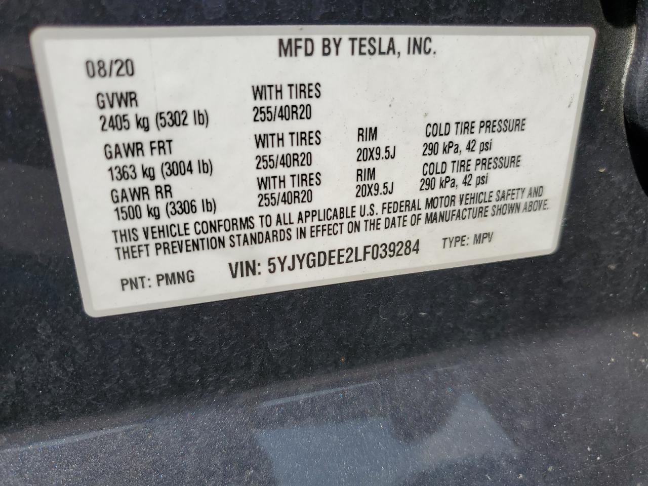 5YJYGDEE2LF039284 2020 Tesla Model Y