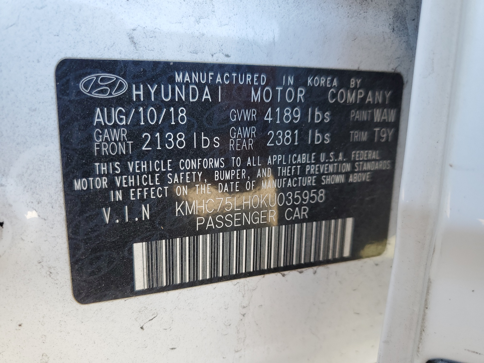 KMHC75LH0KU035958 2019 Hyundai Ioniq