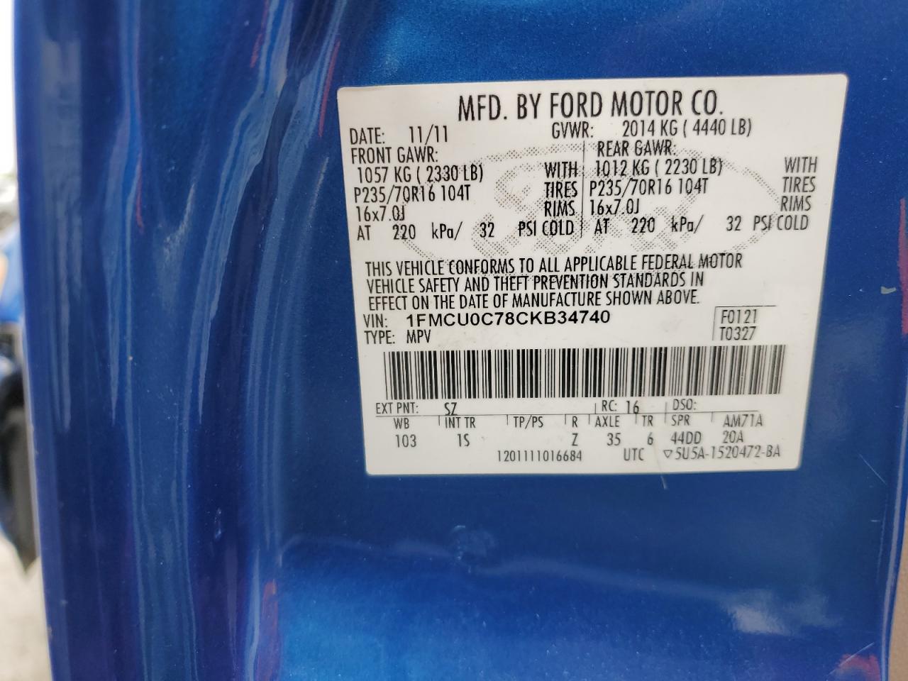 2012 Ford Escape Xls VIN: 1FMCU0C78CKB34740 Lot: 67589944