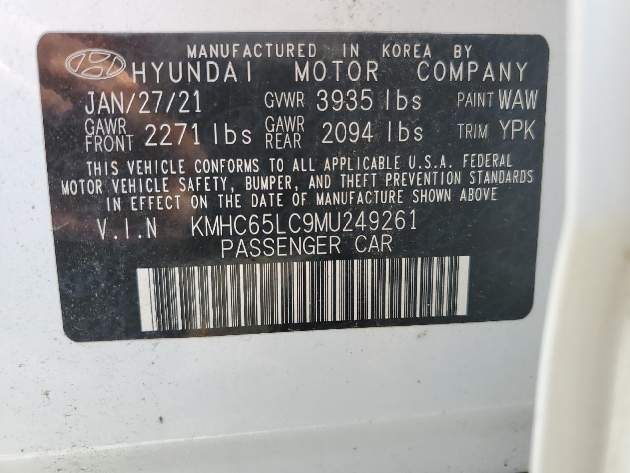 KMHC65LC9MU249261 2021 Hyundai Ioniq Blue