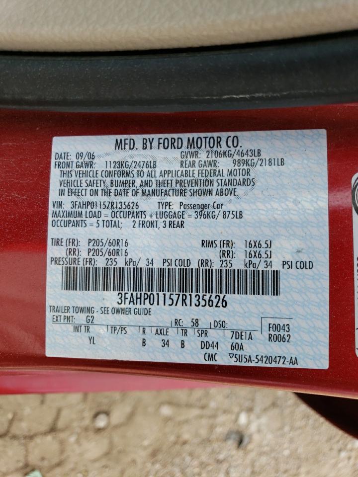 2007 Ford Fusion Se VIN: 3FAHP01157R135626 Lot: 63750184