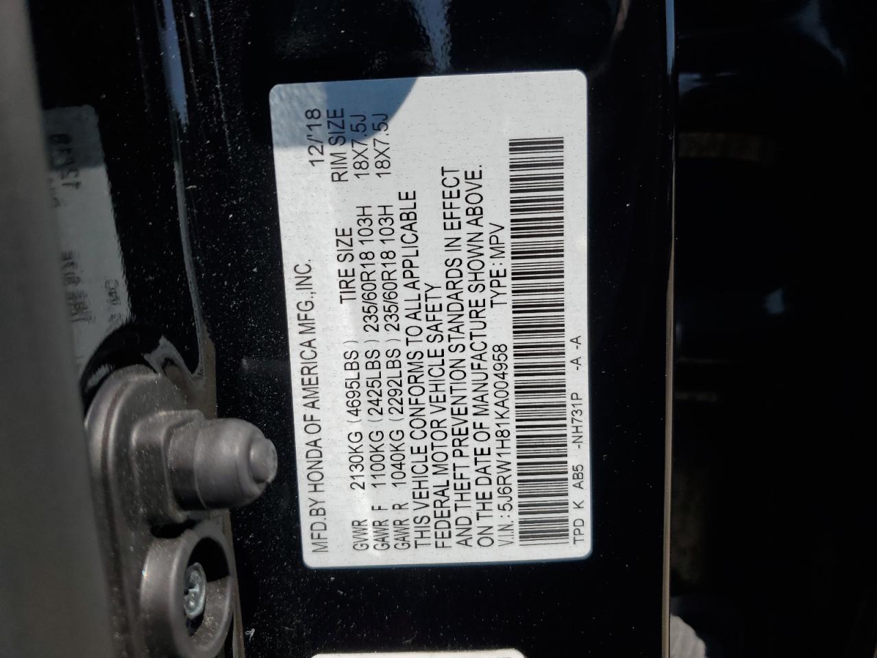 5J6RW1H81KA004958 2019 Honda Cr-V Exl