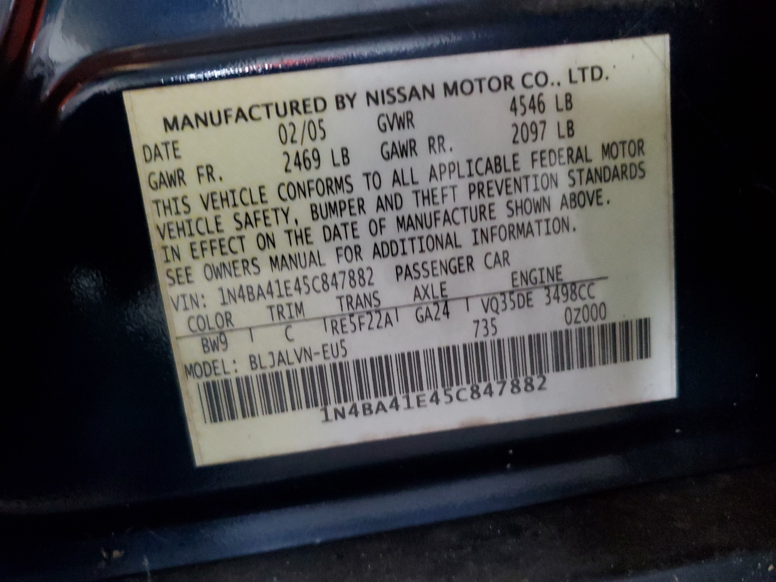 1N4BA41E45C847882 2005 Nissan Maxima Se