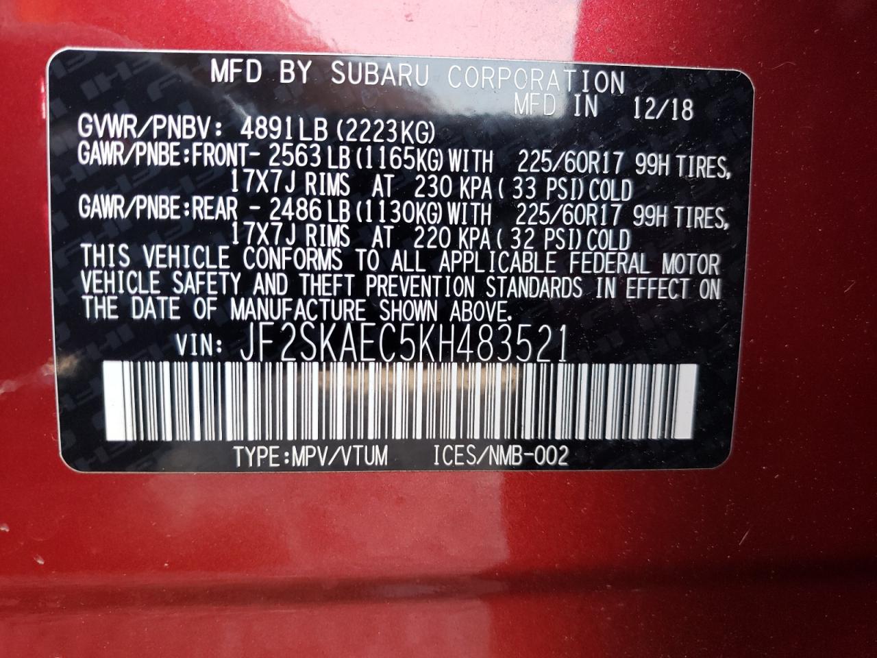 2019 Subaru Forester Premium VIN: JF2SKAEC5KH483521 Lot: 66097804