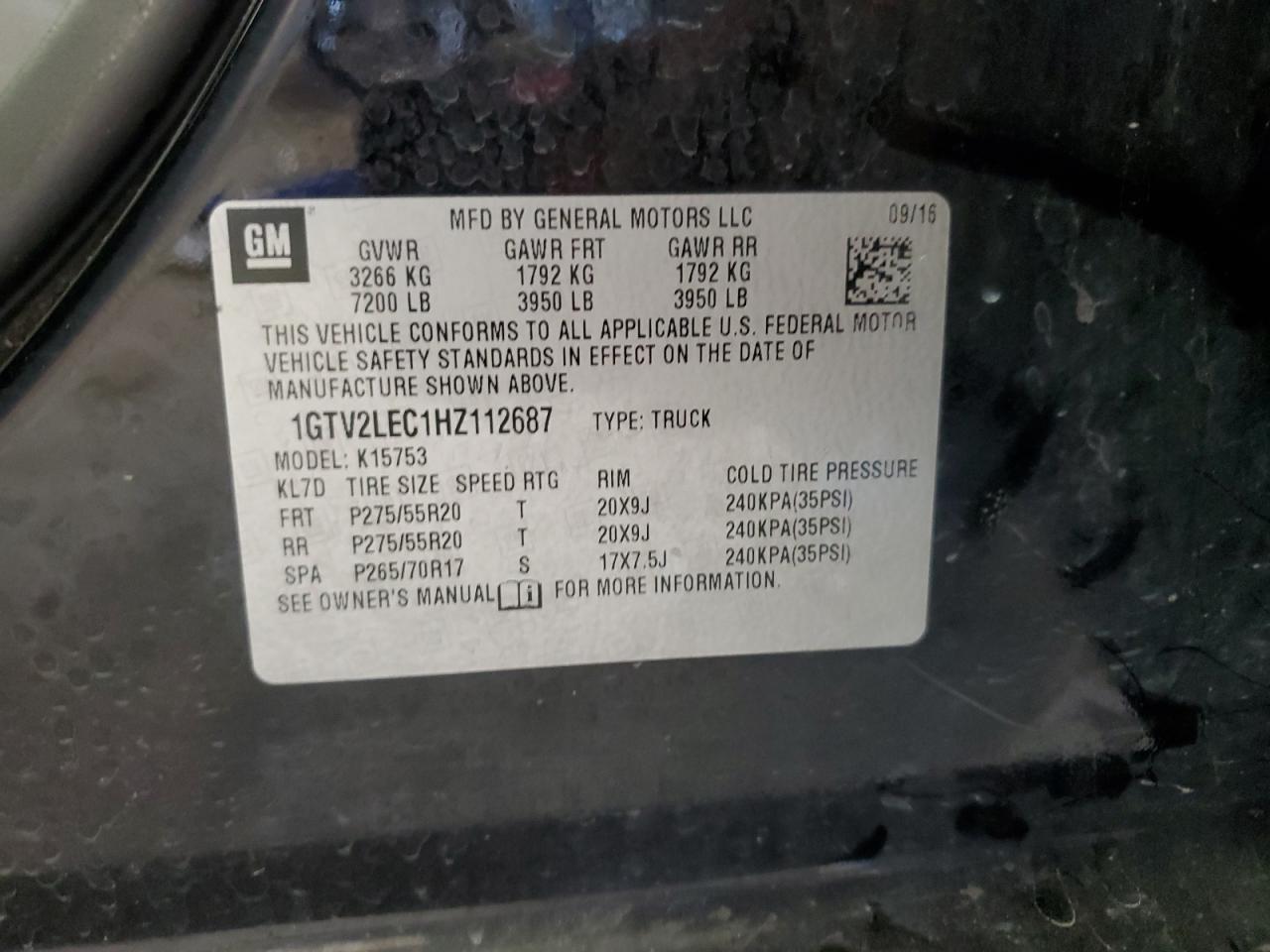 2017 GMC Sierra K1500 VIN: 1GTV2LEC1HZ112687 Lot: 64996324