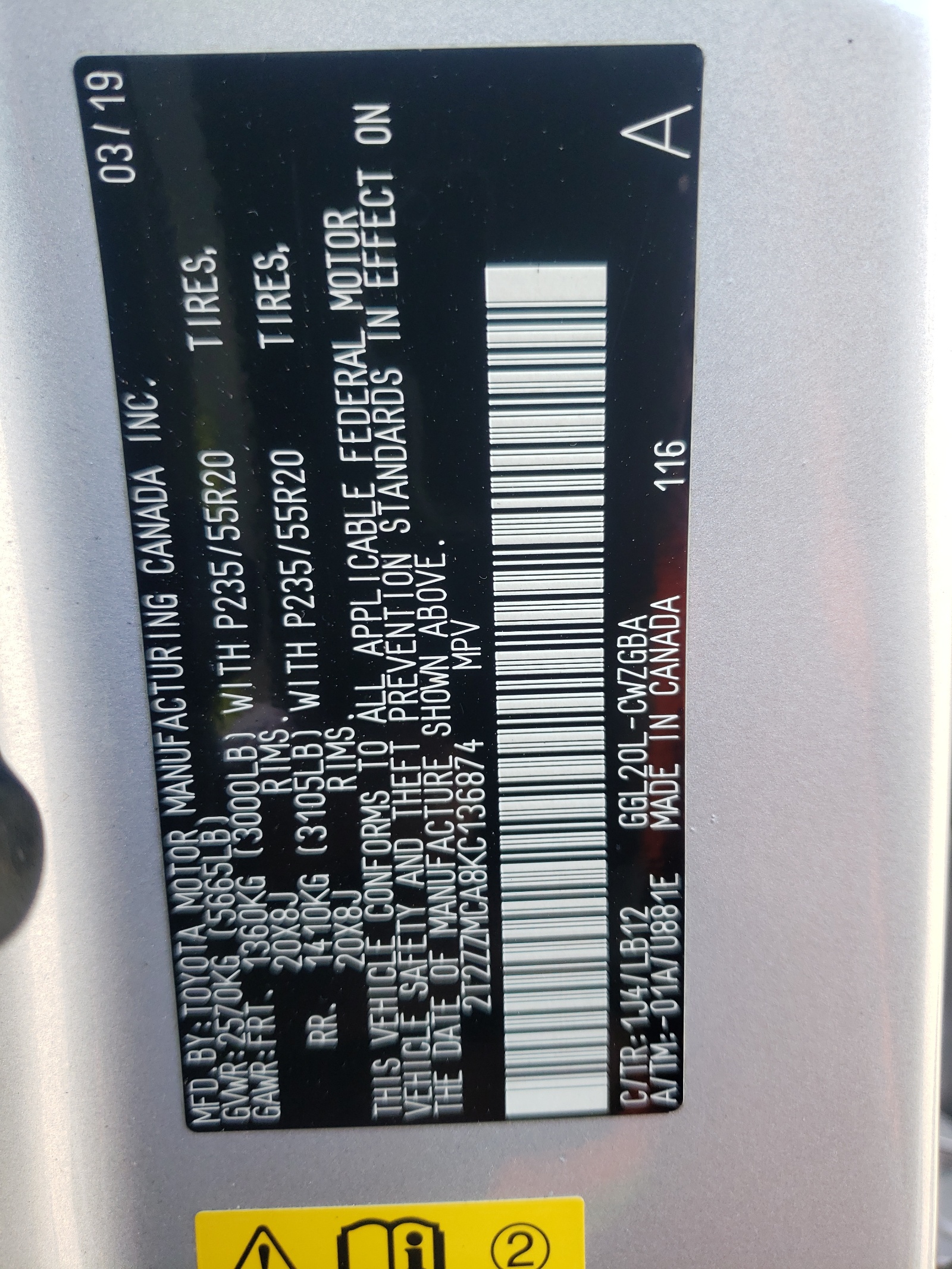 2T2ZZMCA8KC136874 2019 Lexus Rx 350 Base