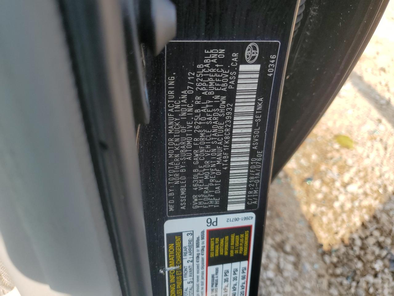 4T4BF1FK8CR239932 2012 Toyota Camry Base