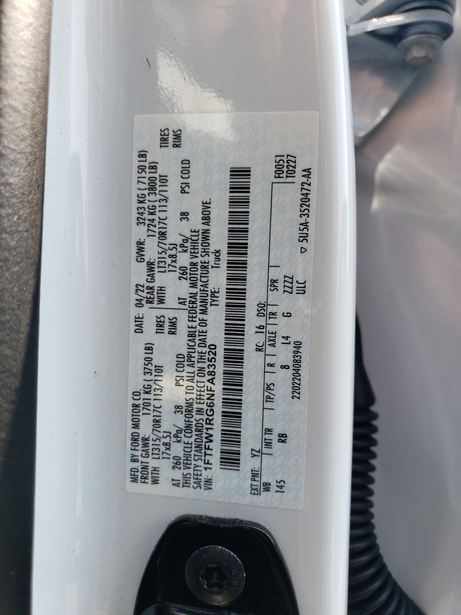 1FTFW1RG6NFA83520 2022 Ford F150 Raptor