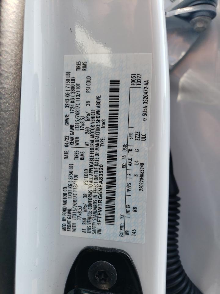 2022 Ford F150 Raptor VIN: 1FTFW1RG6NFA83520 Lot: 67548454