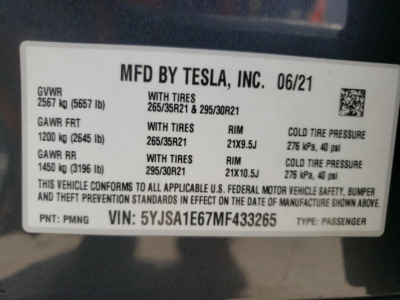 2021 Tesla Model S VIN: 5YJSA1E67MF433265 Lot: 66306344