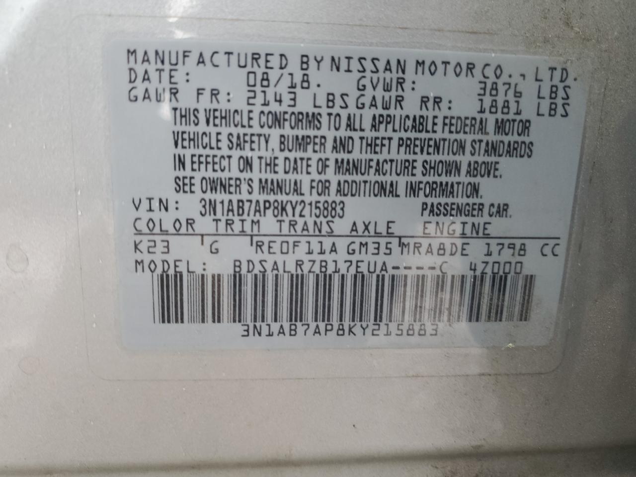 3N1AB7AP8KY215883 2019 Nissan Sentra S