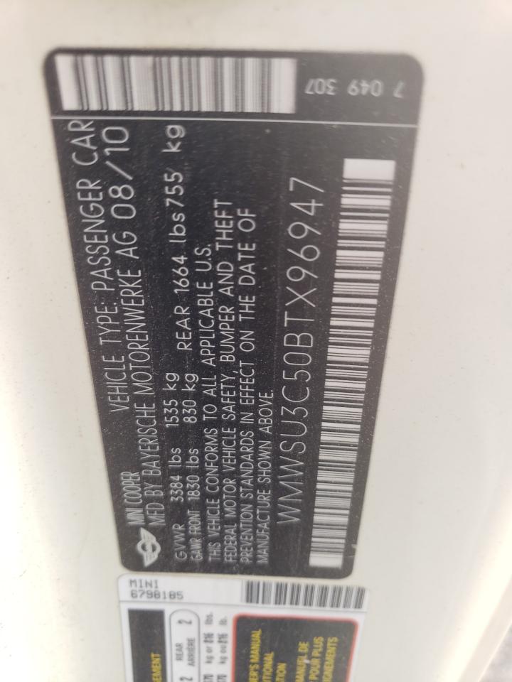 2011 Mini Cooper VIN: WMWSU3C50BTX96947 Lot: 67361834