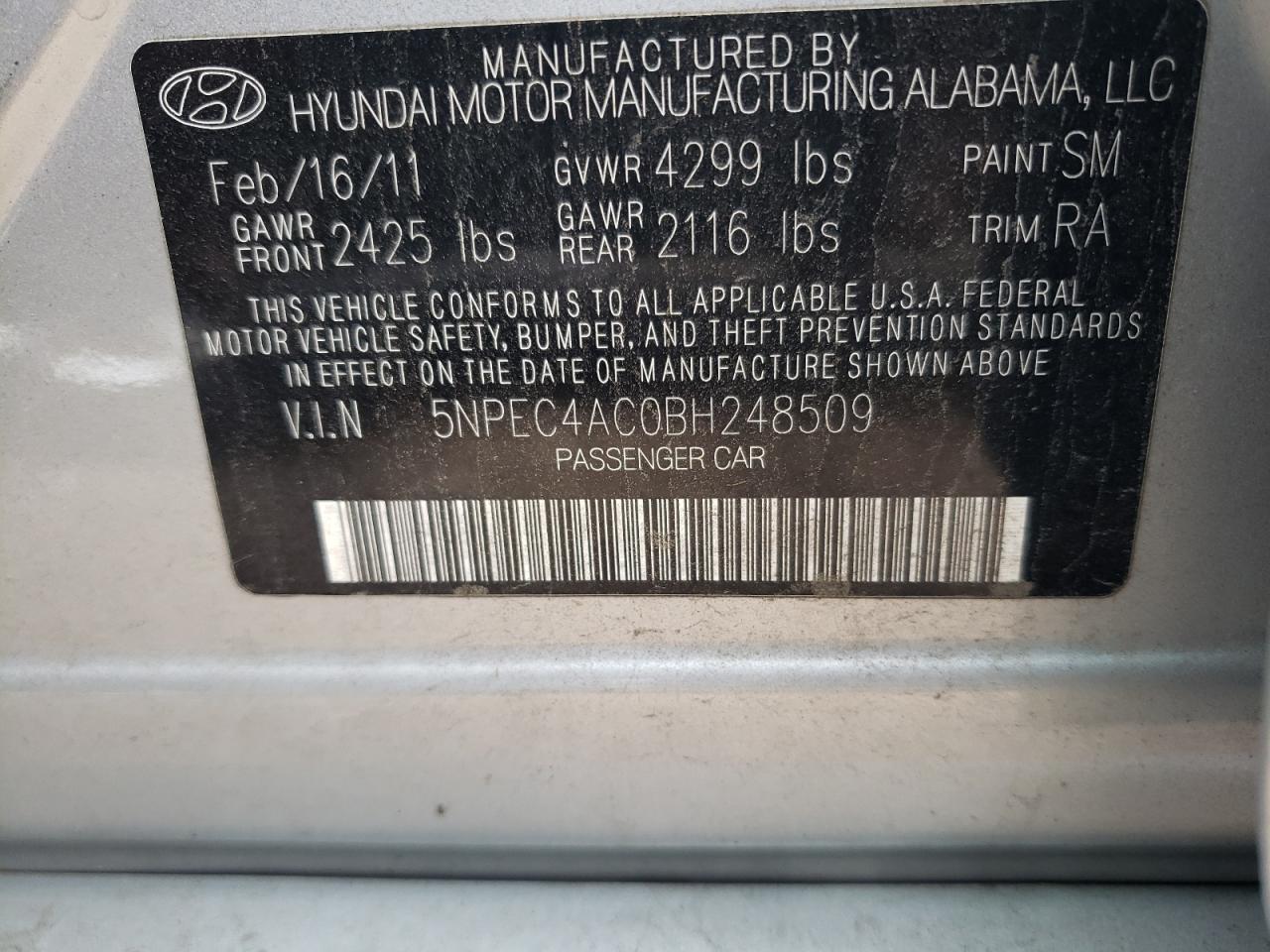 5NPEC4AC0BH248509 2011 Hyundai Sonata Se