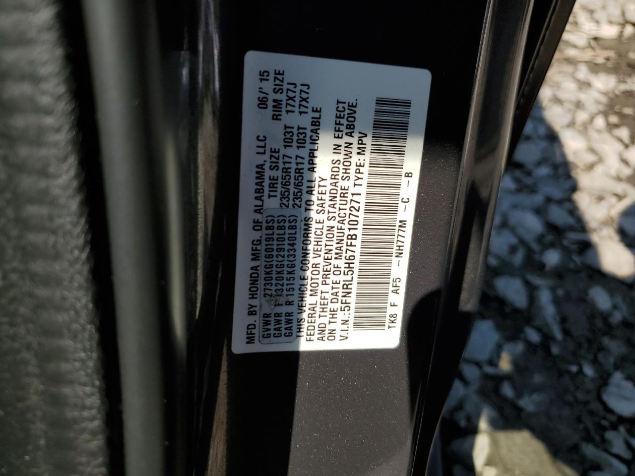 5FNRL5H67FB107271 2015 Honda Odyssey Exl