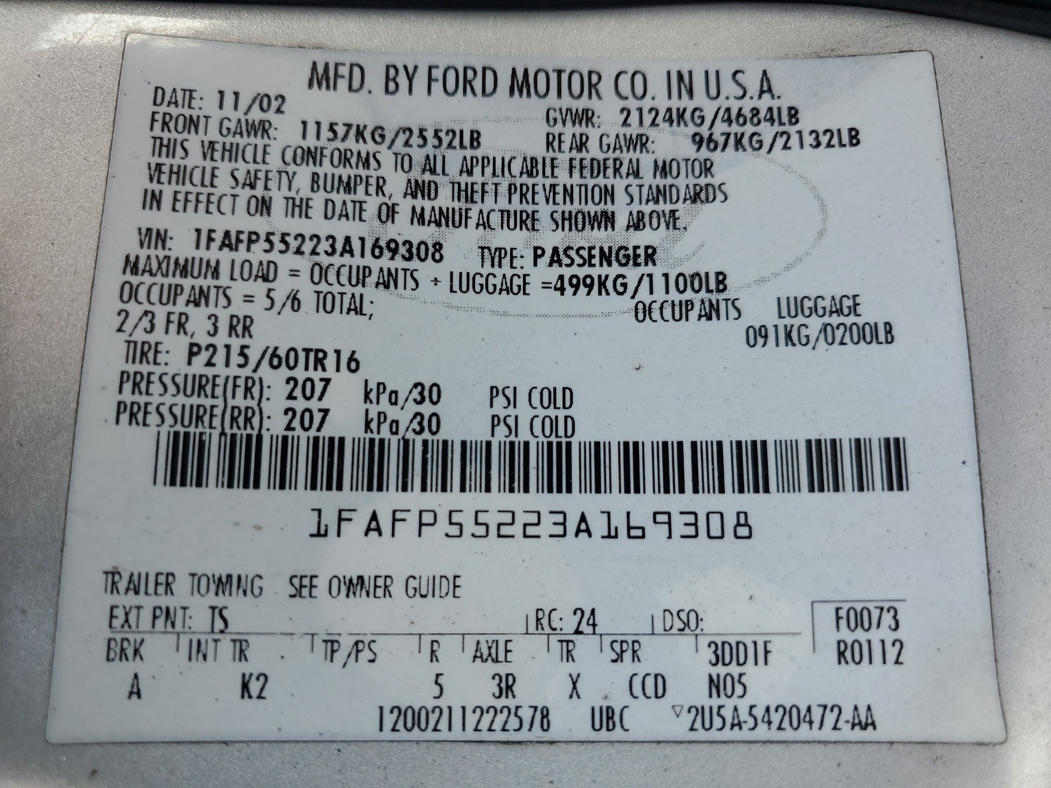 1FAFP55223A169308 2003 Ford Taurus Ses