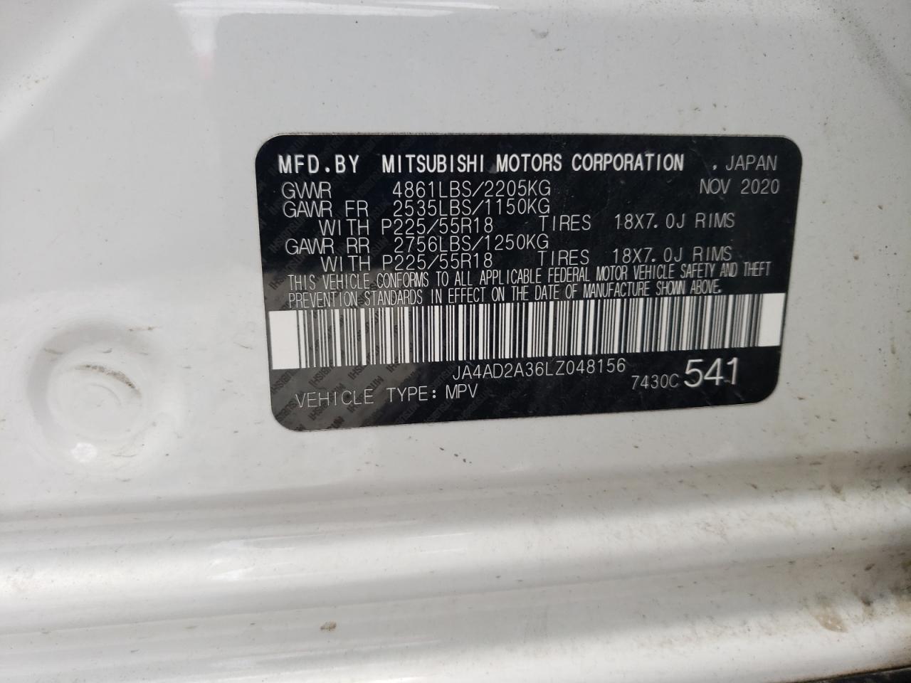 JA4AD2A36LZ048156 2020 Mitsubishi Outlander Es