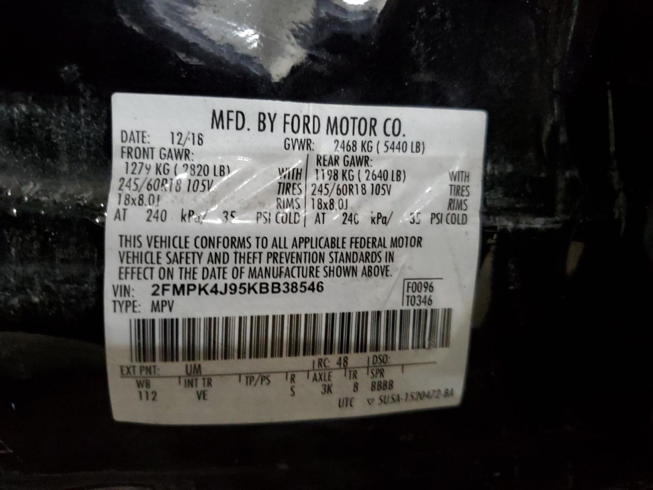 2019 Ford Edge Sel VIN: 2FMPK4J95KBB38546 Lot: 67684244