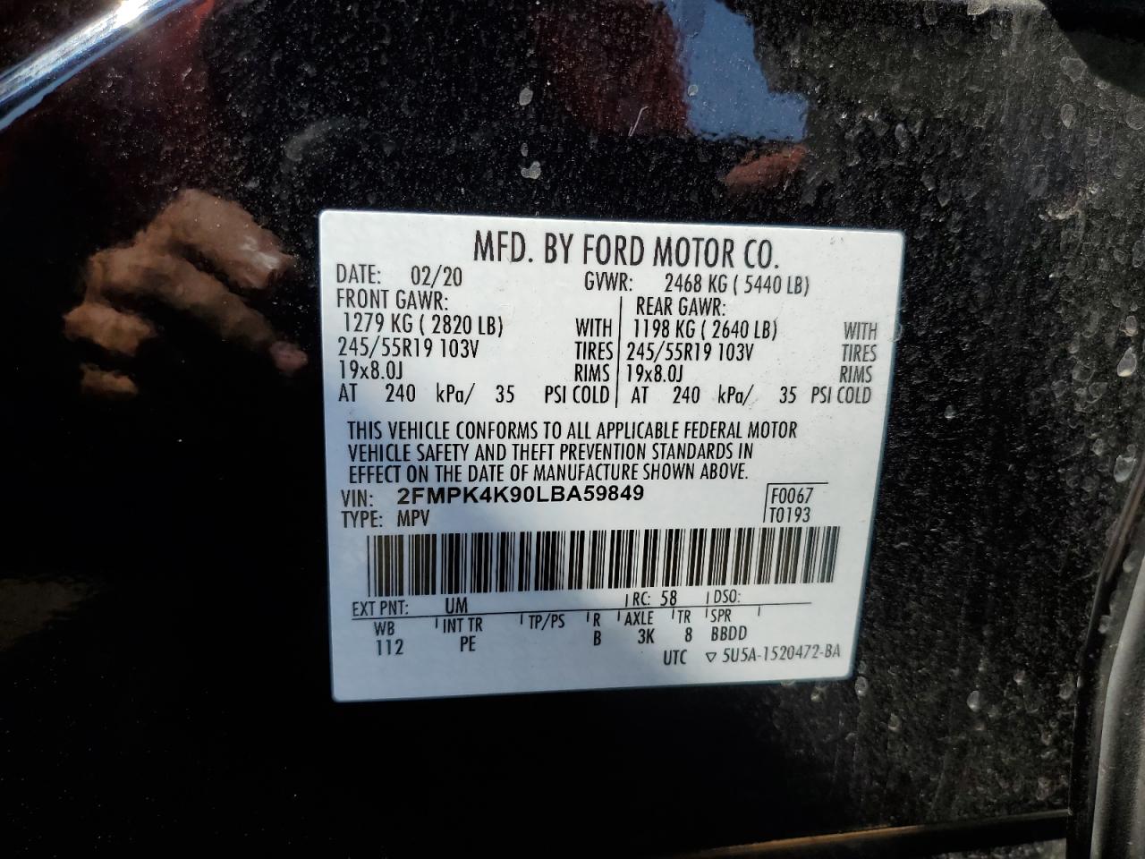 2020 Ford Edge Titanium VIN: 2FMPK4K90LBA59849 Lot: 64872264