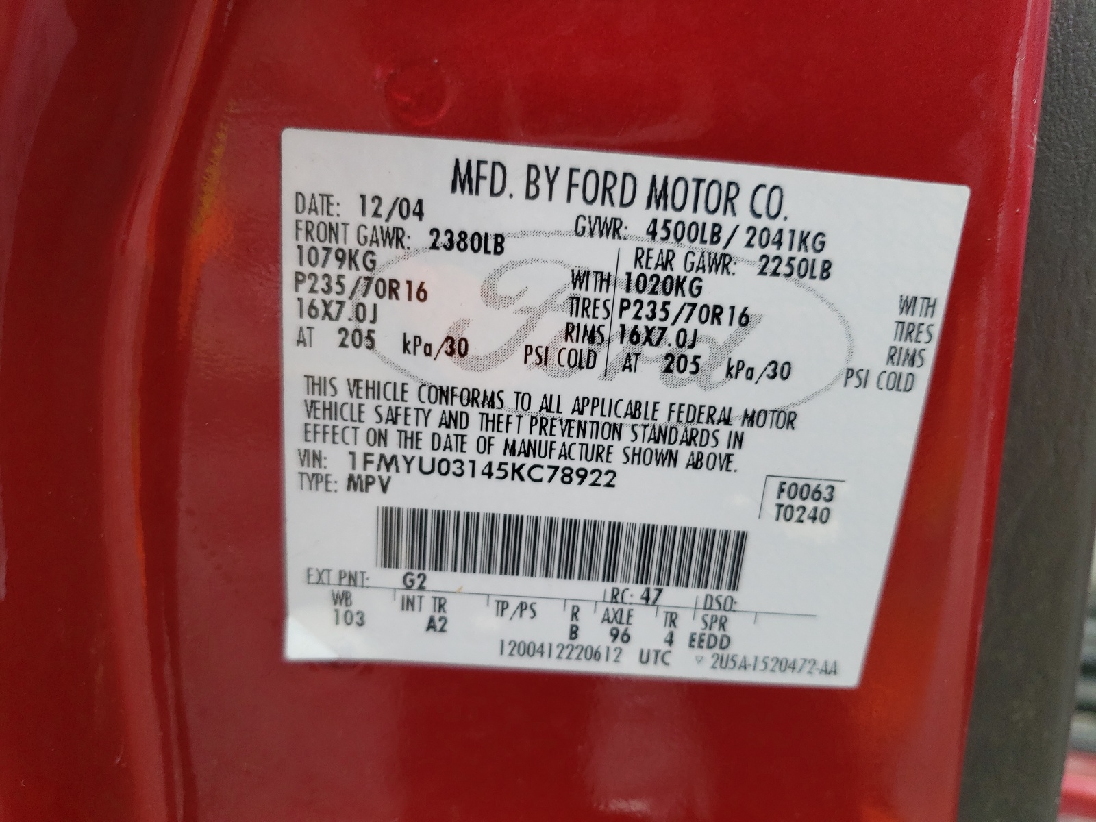 1FMYU03145KC78922 2005 Ford Escape Xlt