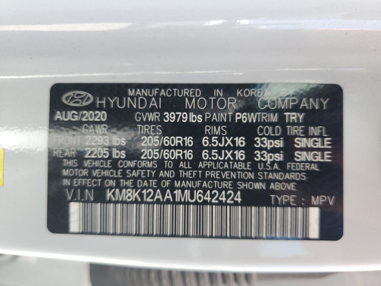 2021 Hyundai Kona Se VIN: KM8K12AA1MU642424 Lot: 65731584