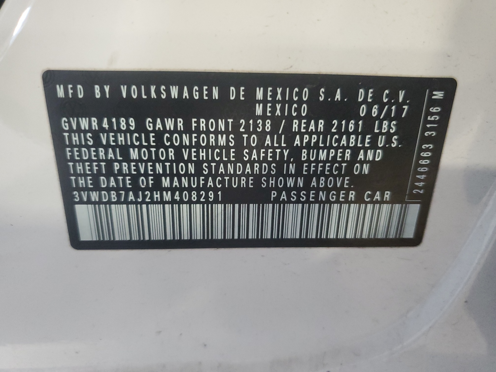 3VWDB7AJ2HM408291 2017 Volkswagen Jetta Se