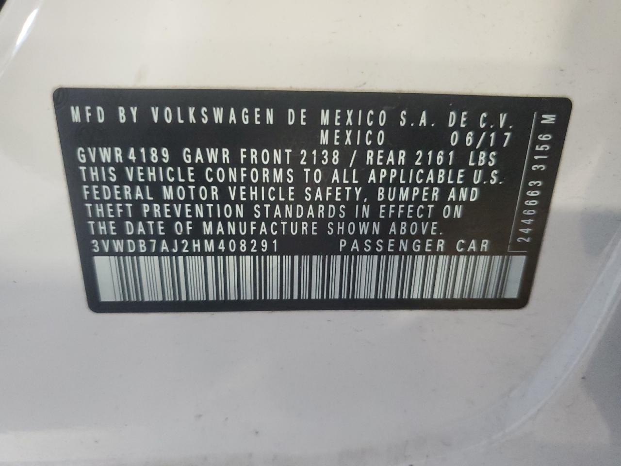 2017 Volkswagen Jetta Se VIN: 3VWDB7AJ2HM408291 Lot: 66605874