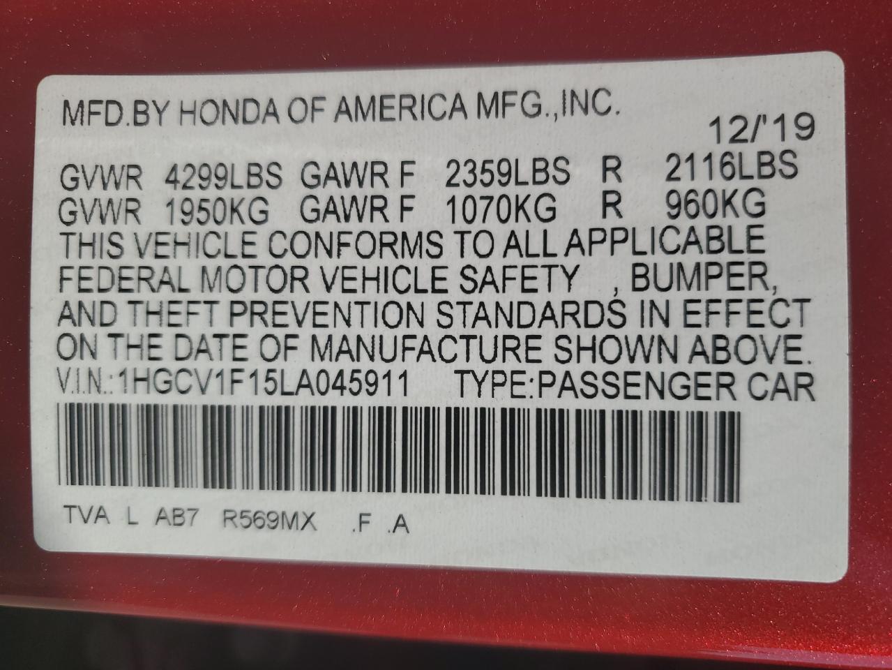 1HGCV1F15LA045911 2020 Honda Accord Lx