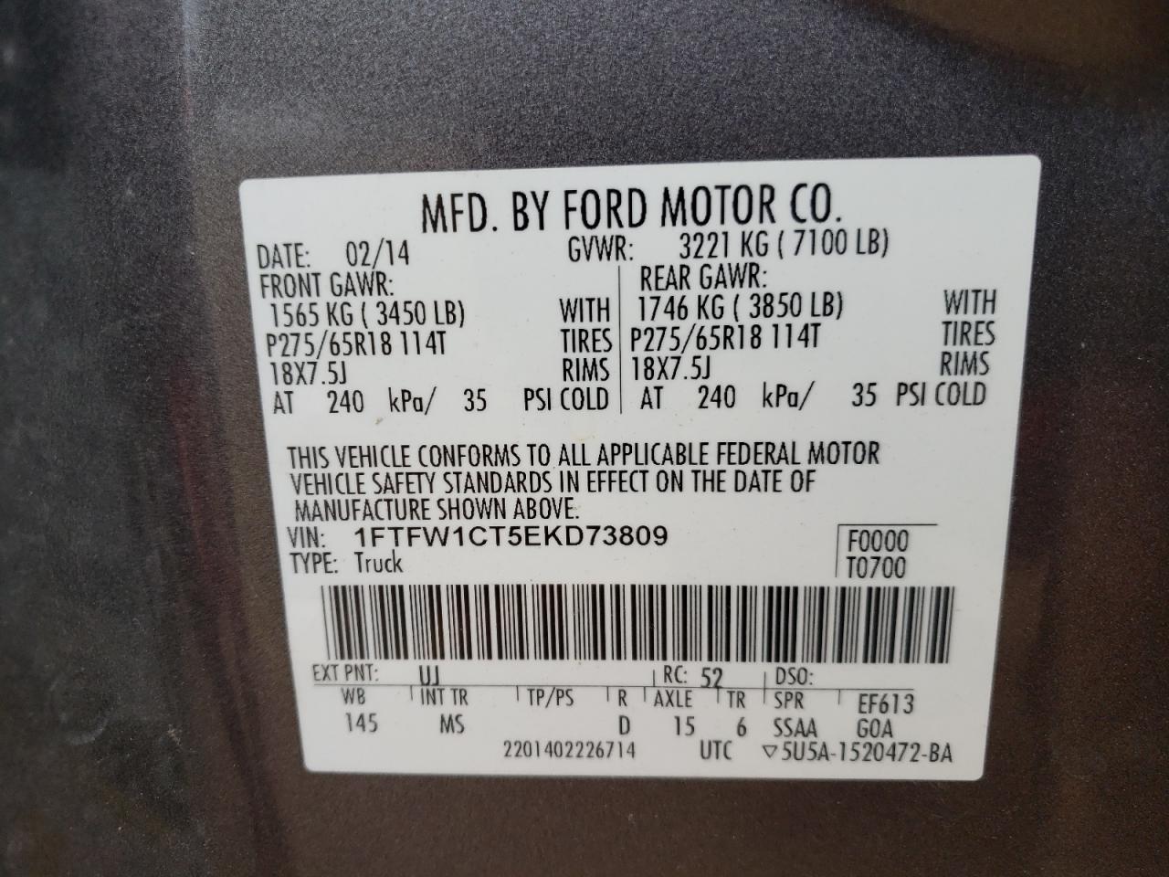 VIN 1FTFW1CT5EKD73809 2014 FORD F-150 no.13