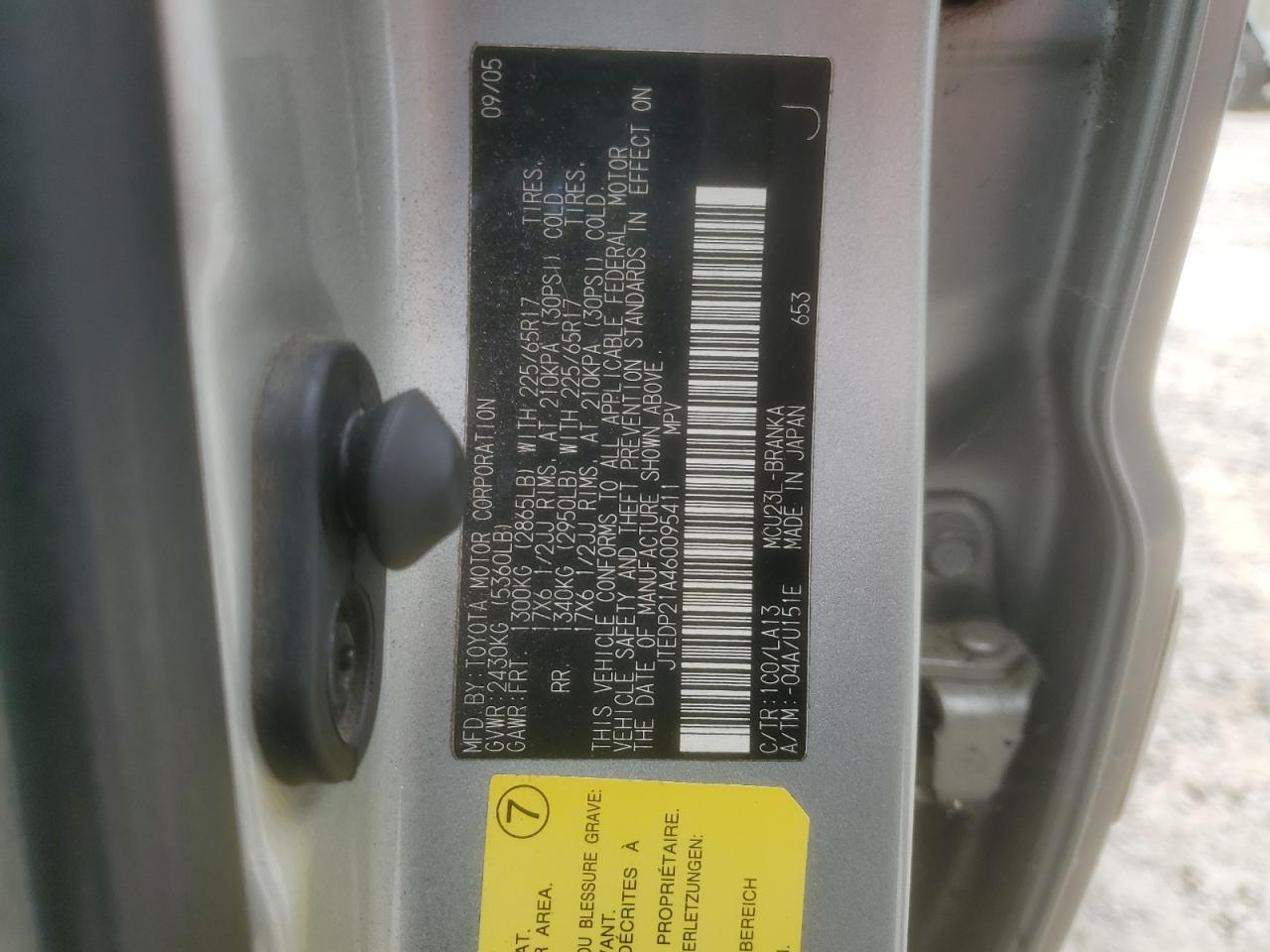 2006 Toyota Highlander Limited VIN: JTEDP21A460095411 Lot: 68171754