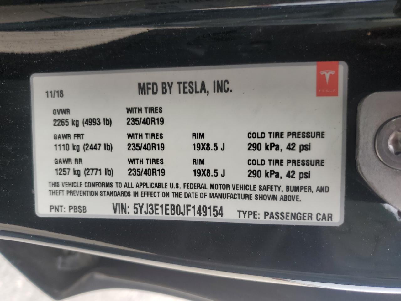 2018 Tesla Model 3 VIN: 5YJ3E1EB0JF149154 Lot: 67722294